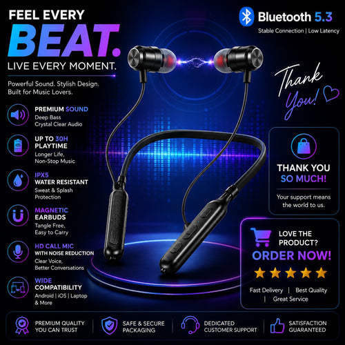 Premium Bluetooth 5.3 Magnetic Neckband – Up to 30H Playtime, ( Buy 2 items and get 50% off! )