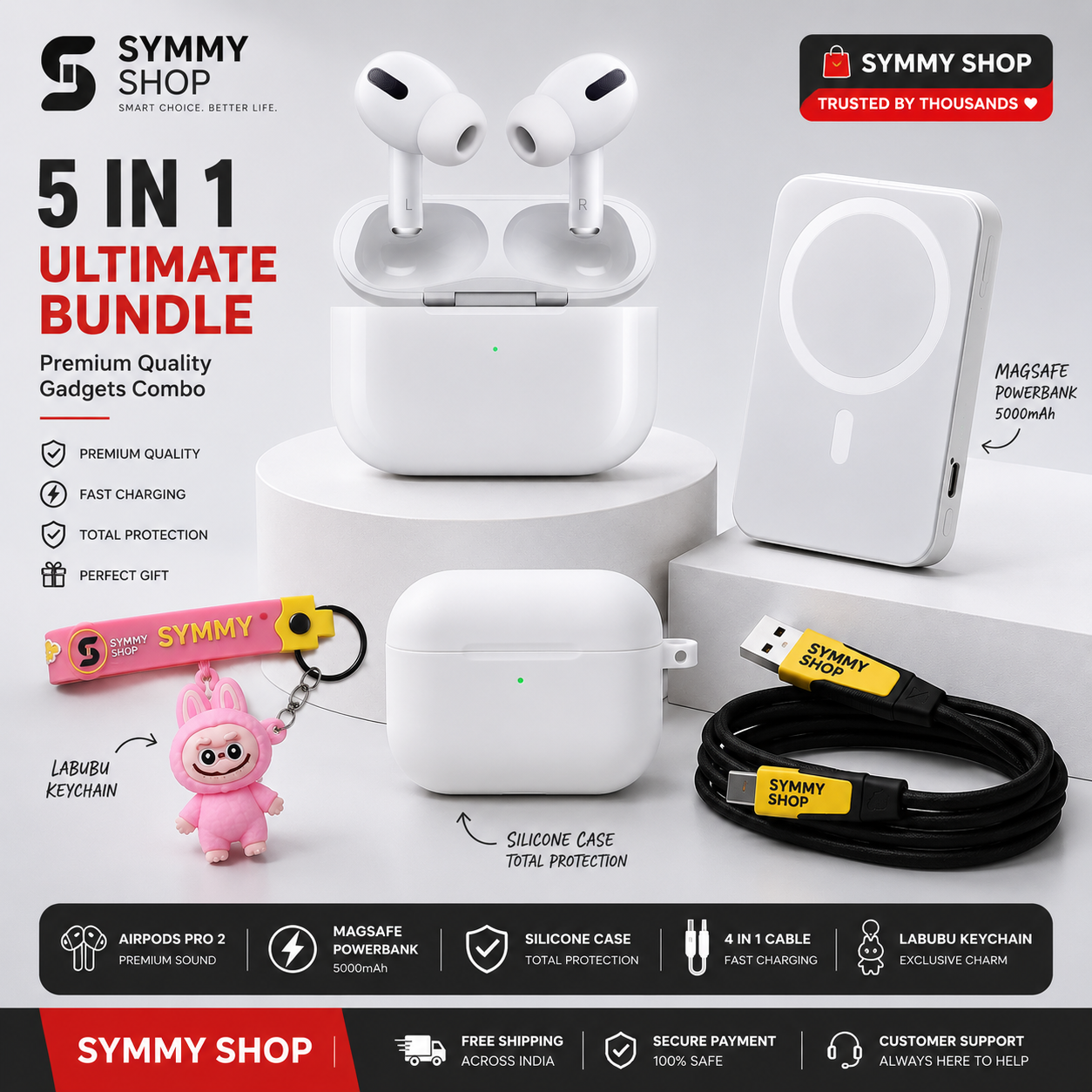 SYMMY 5-in-1 Ultimate Gadget Bundle | S Pods + 5000mAh MagSafe Power Bank + 4-in-1 Fast Charging Cable + Silicone Case + Keychain